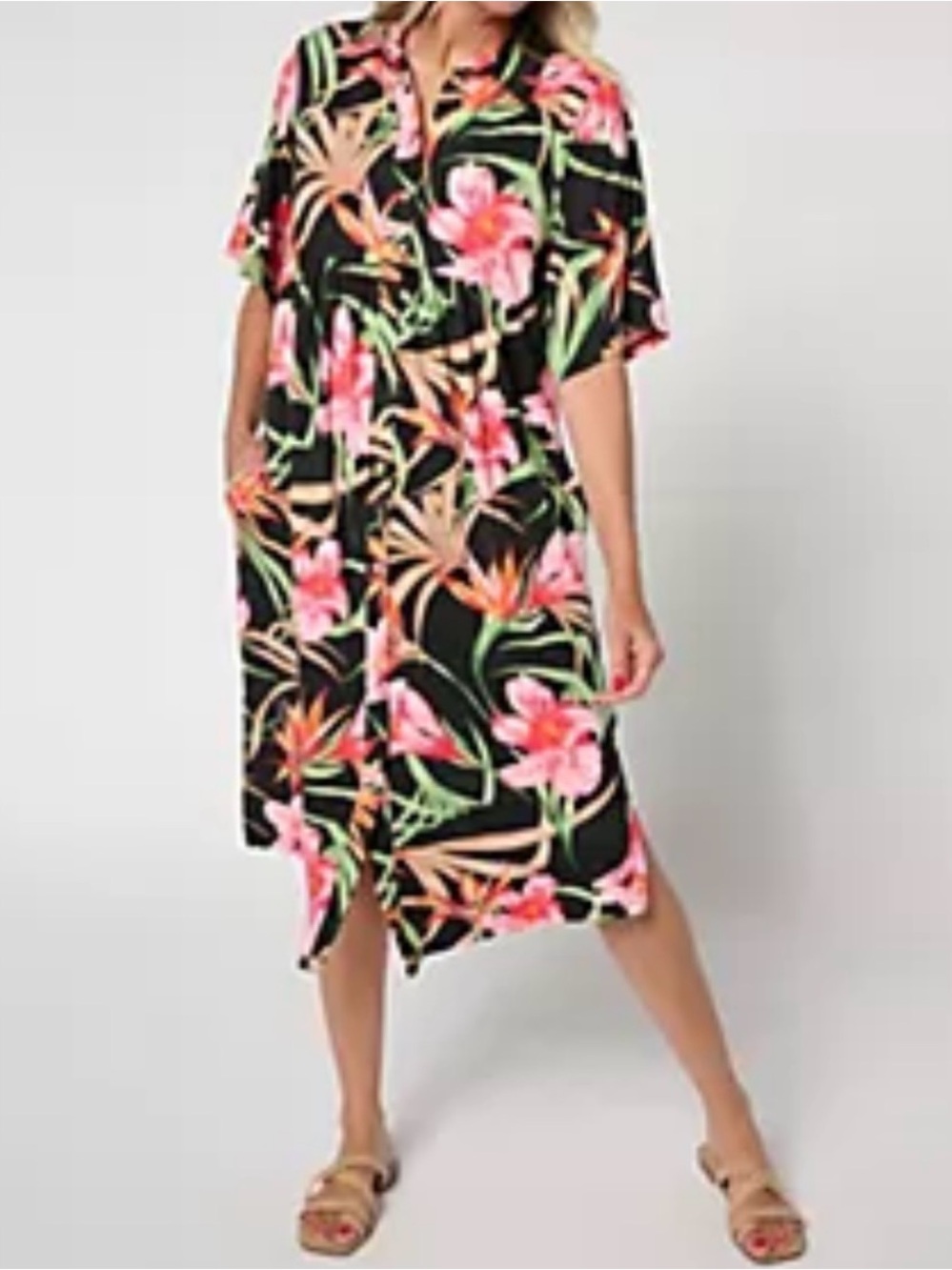 Cuddl Duds Black Floral Midi Shirt Dress with Pink and Green Accents
